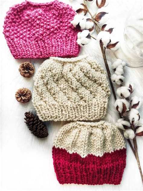 Free Knitting Pattern Headspin Messy Bun Ponytail Beanie Winter Hat