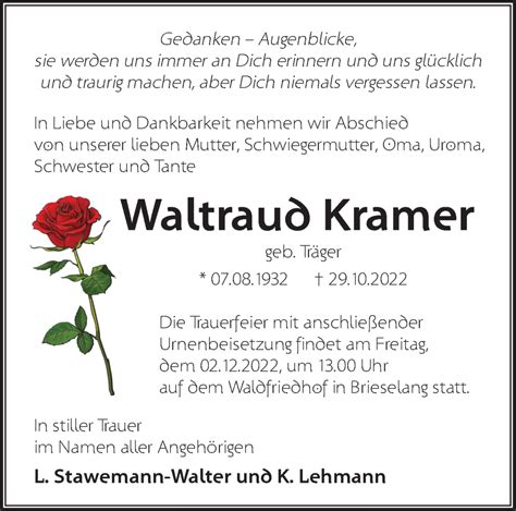 Traueranzeigen Von Waltraud Kramer M Rkische Onlinezeitung Trauerportal