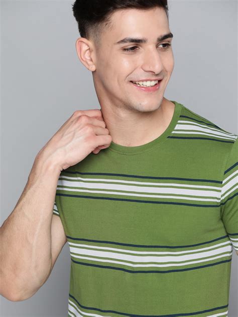 Buy Mast And Harbour Men Green And Off White Pure Cotton Striped T Shirt Tshirts For Men 15058612