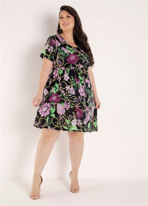 Vestido Floral Preta Com Babado Plus Size Marguerite