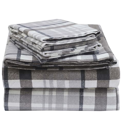 Enviohome 160 Gsm Cotton Flannel Sheet Set Queen Blue Grey Plaid