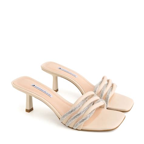 Tamanco Nude Manteiga Três Tiras Cruzadas Strass Brilho 9060 69 4 Bege