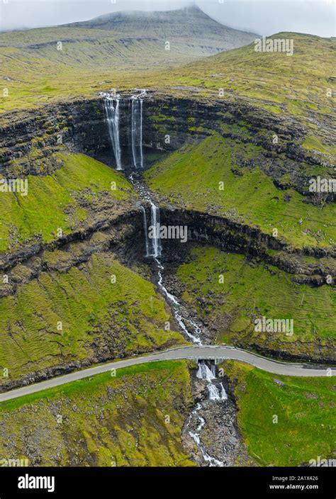 Aerial View Of Fossa Double Tiered Waterfall Faroe Islands Stock Photo