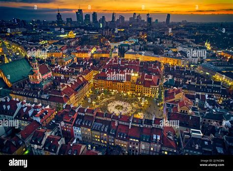 Beautiful Panoramic Aerial Drone Skyline Sunset View Of The Warsaw City