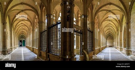 Pamplona Spain June 21 2021 Ornate Gothic Cloister Arcade Arches Of