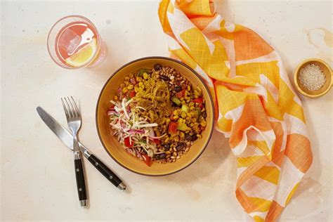 Spicy Pulled Pork Grain Bowl With Sweet Corn And Bell Pepper Relish