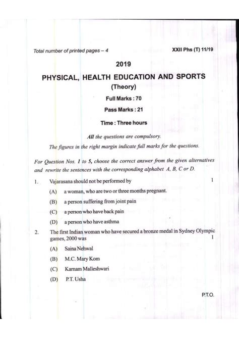 Cohsem Class 12 Physical Health Education And Sports 2019 Question Papers Indcareer Docs