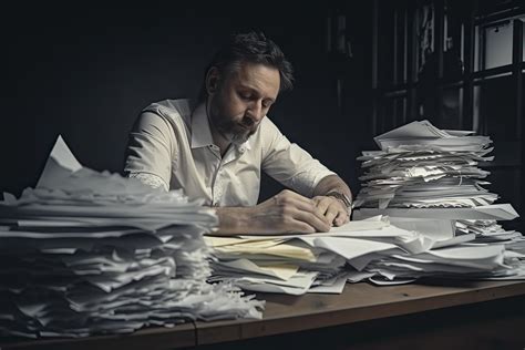 Homme Au Milieu De Piles De Papiers Sur Son Bureau 21549026 Stock Photo