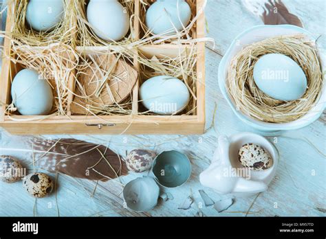 Easter Background With Easter Blue And Gold Eggs Pussy Willow And