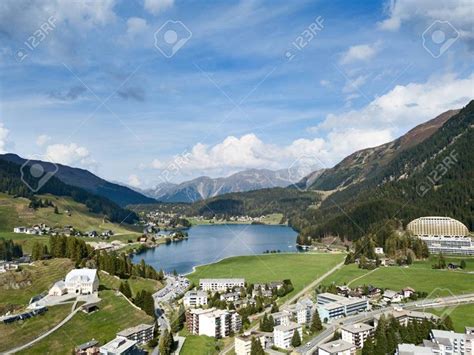 Aerial View Of Davos City And Lake Davos Is Swiss City Famous