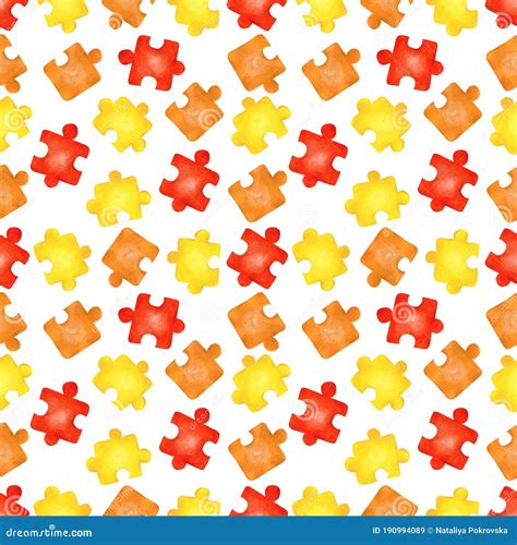 Seamless Pattern Red Orange And Yellow Jigsaw Puzzles On White