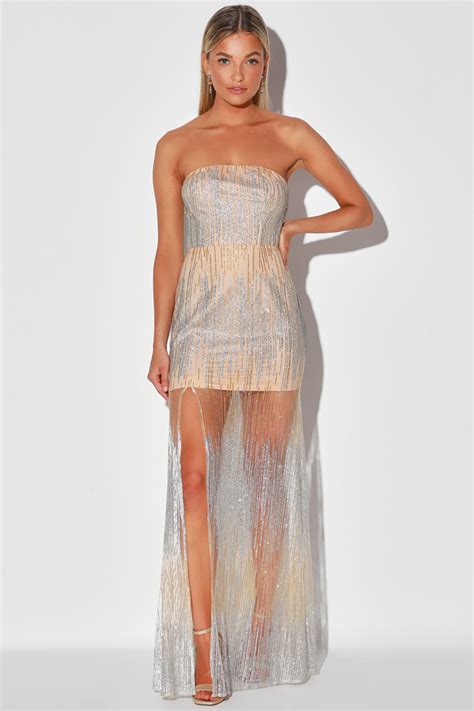 Sexy Beige Glitter Dress Maxi Dress Sheer Strapless Dress Lulus