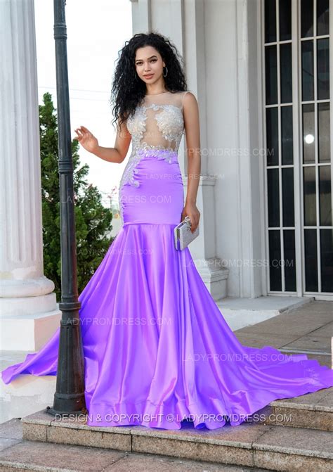 Lilac Sheath Long Prom Dresses With Appliques