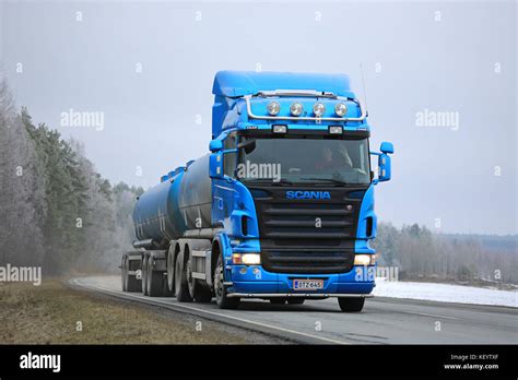 SALO FINLAND FEBRUARY 13 2016 Blue Scania R500 Tank Truck On The