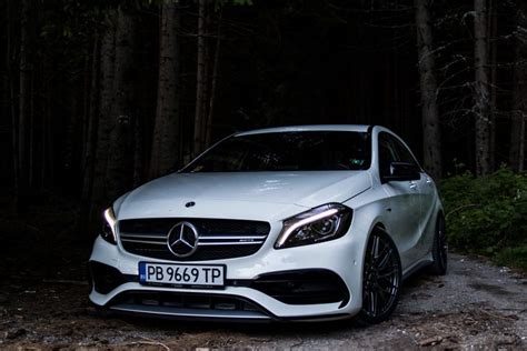 White Mercedes A45 Amg In The Woods At Night