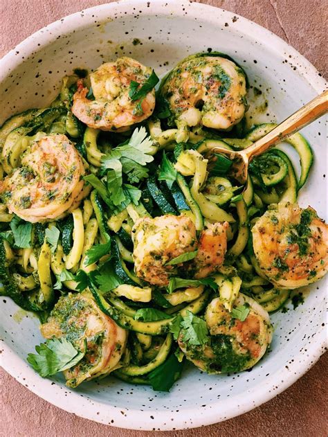 One Pan Pesto Shrimp Zoodle Pasta - Melissa's Healthy Kitchen