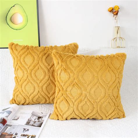 Niulaa Set Of 2 Fluffy Faux Fur Cushion Covers 50cm X 50cm Mustard