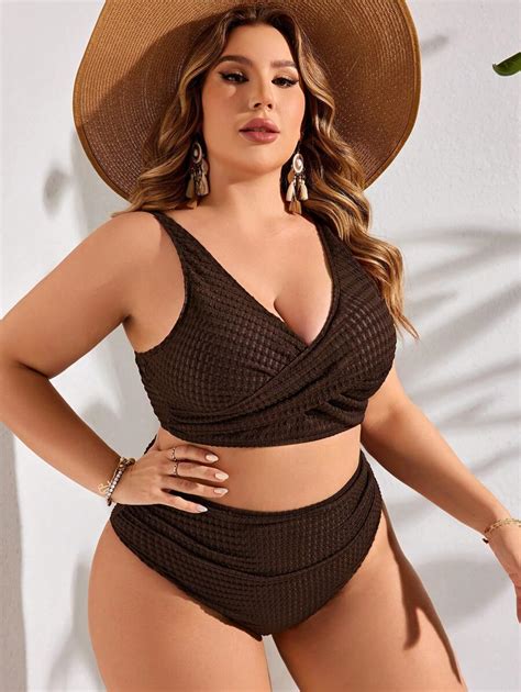 Shein Swim Curve Conjunto De Bikini Cruzado Monocrom Tico De Talla