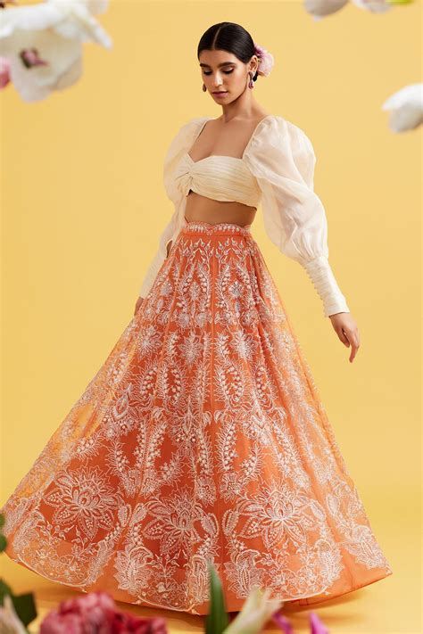 Buy Vaishali Orange Organza Floral Embroidered Lehenga Set Online Aza