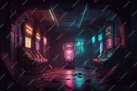 Premium Ai Image A Deserted Arcade Neon Lights Flickering And Casting