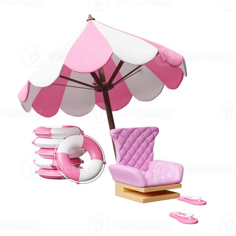 Summer Sea Beach 3d With Sofa Chair Umbrella Pile Of Stacked Lifebuoy Sandals Isolated