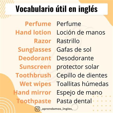 An Orange And White Poster With The Words Vocabilario Util En Ingles