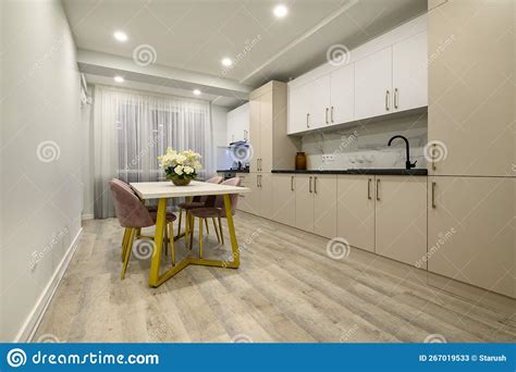 Large Beige and Cream Luxury Kitchen Interior Stock Image - Image of house, furniture: 267019533