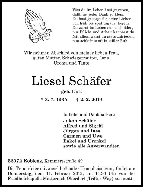 Traueranzeigen von Liesel Schäfer rz trauer de