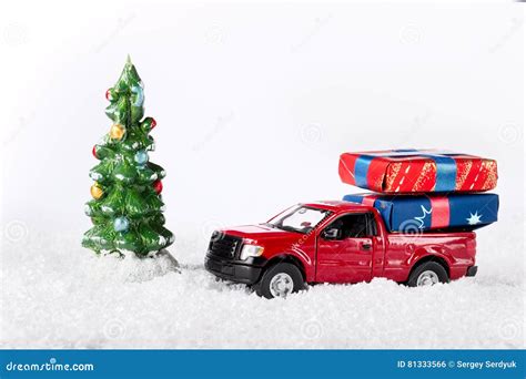 Christmas Or New Year Decoration Background Toy Red Truck Car W Stock