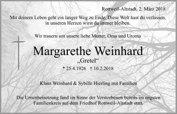 Traueranzeigen Von Margarethe Weinhard Schwarzw Lder Bote Trauer