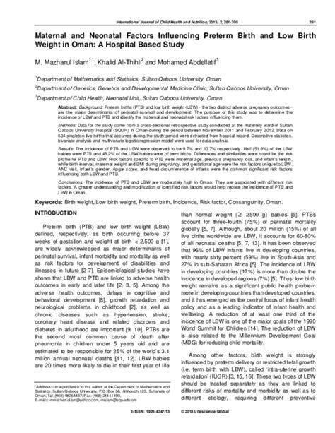 Pdf Maternal And Neonatal Factors Influencing Preterm Birth And Low Birth Weight In Oman A