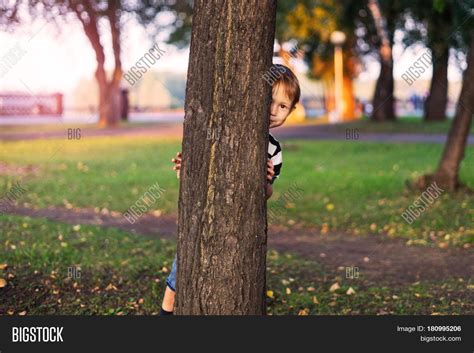 Boy Hiding Behind A Tree 