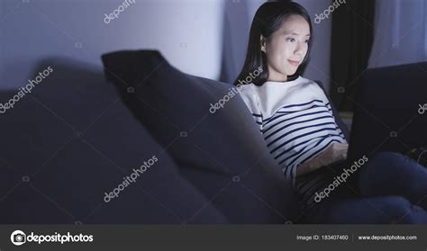 Woman Using Notebook Computer Night — Stock Photo © leungchopan #183407460