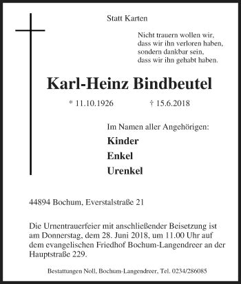 Traueranzeigen Von Karl Heinz Bindbeutel Trauer In NRW De