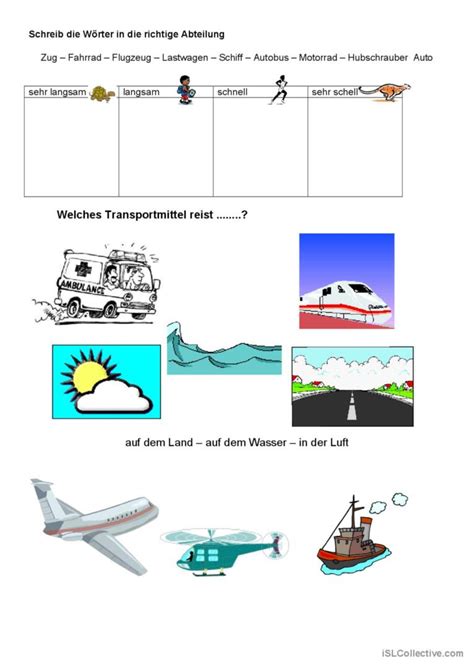 Transportmittel aufwärm un Deutsch DAF Arbeitsblätter pdf doc