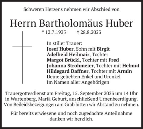 Traueranzeigen von Bartholomäus Huber trauer merkur de