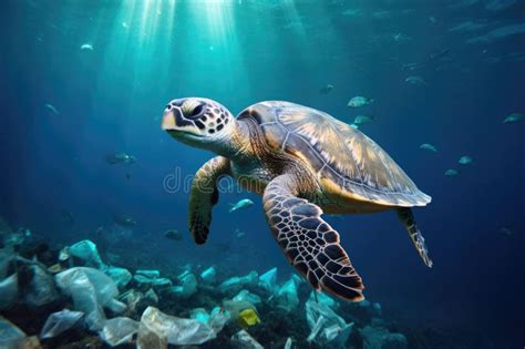 Turtle Swimming In Ocean Surrounded By Trash Sea Turtle Surrounded By