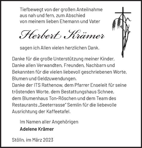 Traueranzeigen von Herbert Krämer Märkische Onlinezeitung Trauerportal