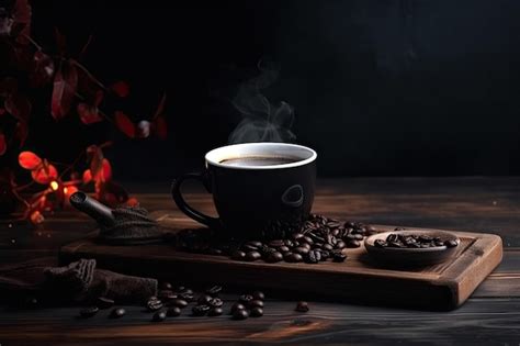 Premium AI Image Coffee Cup And Coffee Beans On A Wooden Table Black Background A Cup Of Hot