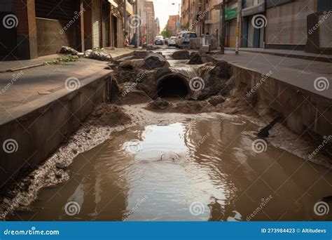 Sewer Breakthrough Overflowing With Raw Sewage Spilling Into Street