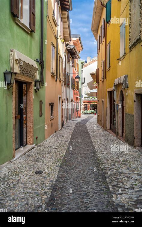 Scenic Cobbled Street Malcesine Lake Garda Veneto Italy Stock Photo