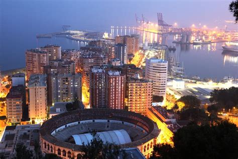 City Of Malaga At Night Stock Image Image Of Andalusia 33450093