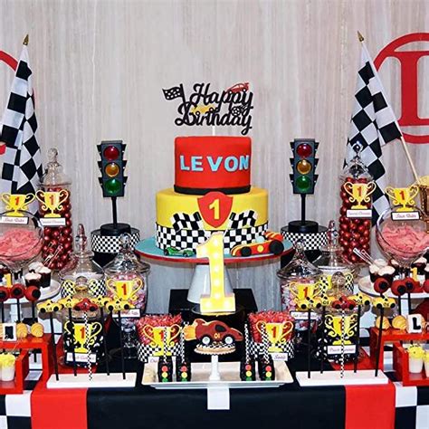 Marwey Race Car Birthday Cake Topper Happy Birthday Cake Decor Chequered Flag Themed Party