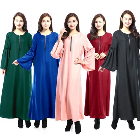 Muslim Long Sleeve Maxi Abaya Dress Solid Color Islamic Clothing