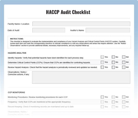 HACCP Audit Checklist - Download Free PDF