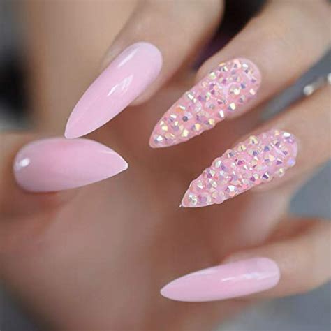 3d Rhinestones Soft Pink Stiletto False Nails Extra Long Oval Sharp End