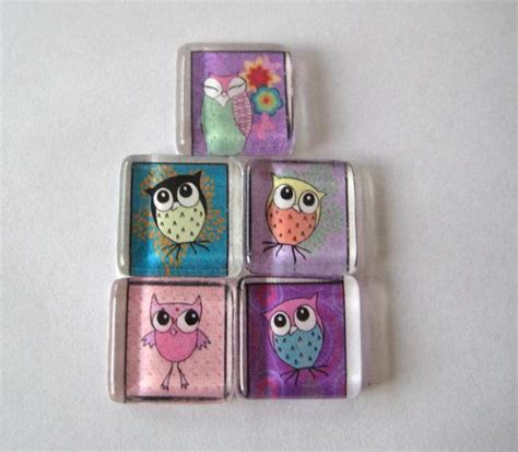 Fun Owls Square Glass Magnets Set Of 5 Etsy Glass Magnets Craft