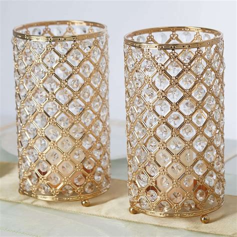 2 Pack 9” Tall Metallic Gold Crystal Beaded Pillar Votive Candle Holder Set Efavormart