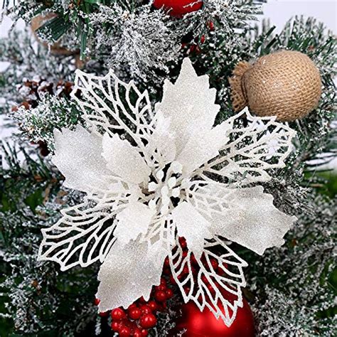 Gl Turelifes Pcs Glitter Poinsettia Flowers Artificial White