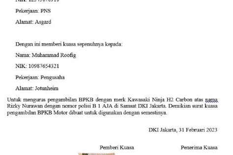 Contoh Surat Kuasa Pengambilan BPKB Motor Dan Mobil